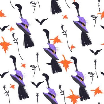 Vector Halloween seamless pattern with witch broom and hat among autumn leaves Illustrazione stock