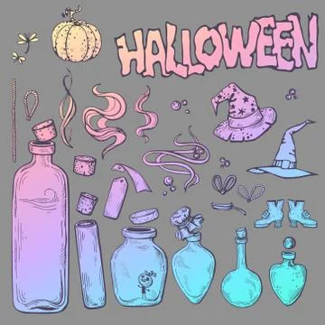 Vector halloween set of cones, dragonflies, ropes and witch clothes, hats and 库存插图