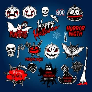 Vector Halloween set, drawn Halloween symbols pumpkin, broom, bat, spider w.. Stock Illustration
