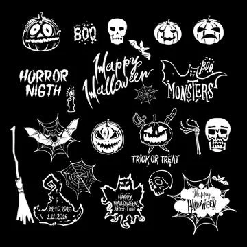 Vector Halloween set, drawn Halloween symbols pumpkin, broom, bat, spider w.. Stock Illustration