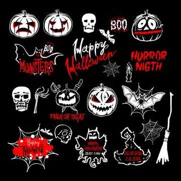 Vector Halloween set, drawn Halloween symbols pumpkin, broom, bat, spider w.. Stock Illustration