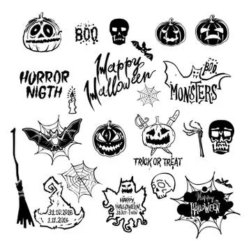 Vector Halloween set, drawn Halloween symbols pumpkin, broom, bat, spider w.. Stock Illustration