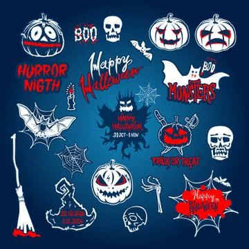 Vector Halloween set, drawn Halloween symbols pumpkin, broom, bat, spider w.. Stock Illustration