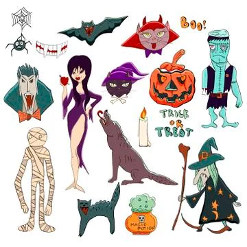 Vector Halloween set. Halloween characters such as vampire Dracula, old witch Stock Illustration