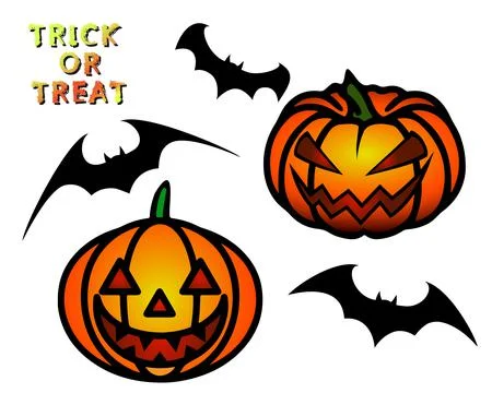 Vector Halloween set, pumpkin laughing scary face and flying black bats Stock Illustration