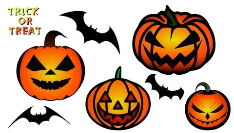 Vector Halloween set, pumpkin laughing scary face and flying black bats Stock-Illustration