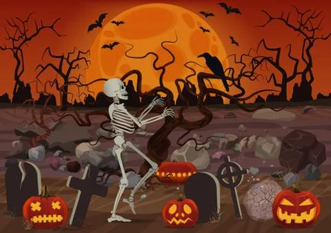 Vector halloween skeleton walking near the cemetery near pumpkins and horror Stock Illustration