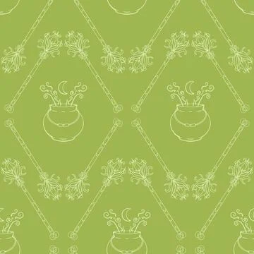 Vector Halloween Witchcraft in Green seamless pattern background. Perfect for Stock Illustration
