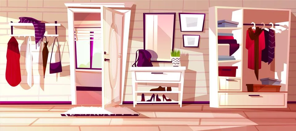 Vector hallway with open door. Interior background Иллюстрация