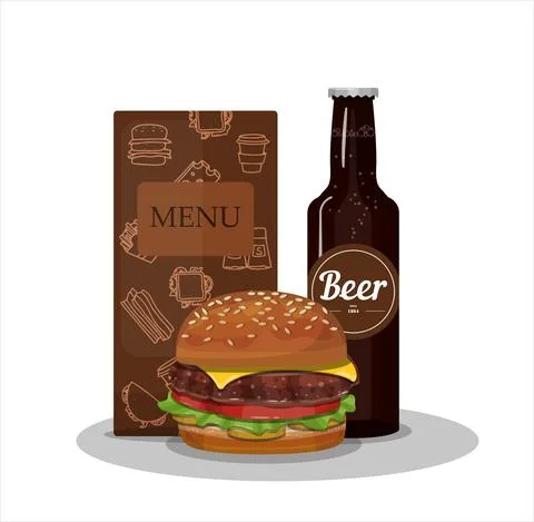Vector hamburger with beer and menu. Cartoon illustration of fast food. Drink Stock Illustration