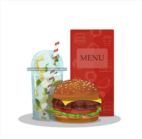 Vector hamburger with lemonade and menu. Cartoon illustration of fast food. Iced 库存插图