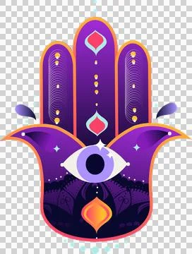 Vector Hamsa hand is featuring purple gradient, eye motif and teardrops on Stock Illustration