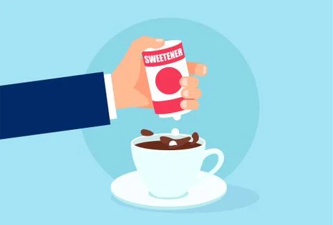 Vector of a hand with box sweetener adding tablets to cup of coffee Stock Illustration