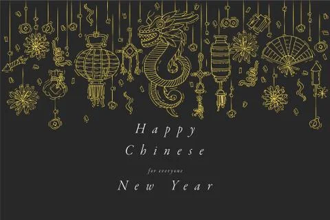 Vector hand draw design for Chinese New Year greetings card golden color Stock Illustration