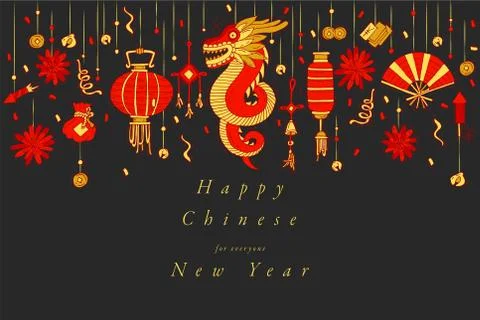 Vector hand draw design for Chinese New Year greetings card colorful color Stock Illustration