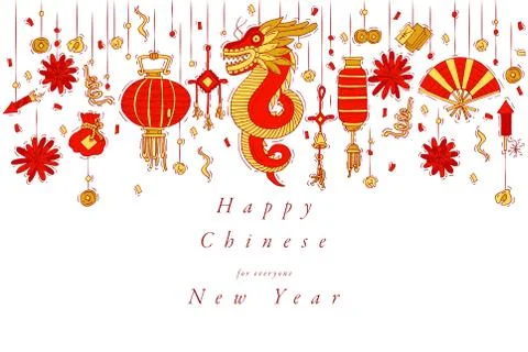 Vector hand draw design for Chinese New Year greetings card colorful color Stock Illustration