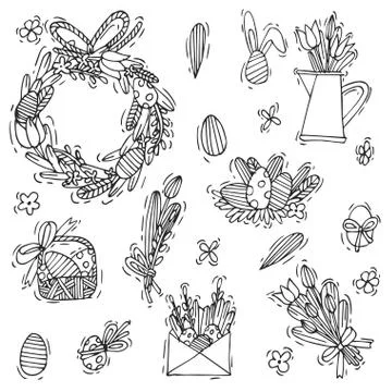 Vector hand draw illustrations easter decorations and eggs composition. Colorful Stock Illustration