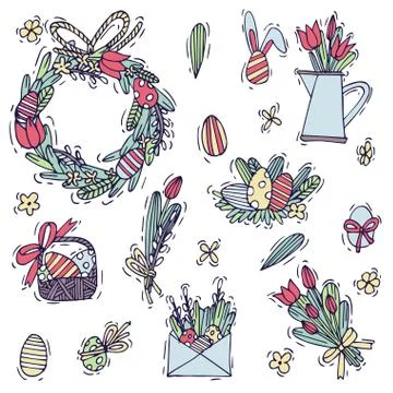 Vector hand draw illustrations easter decorations and eggs composition. Colorful Stock Illustration