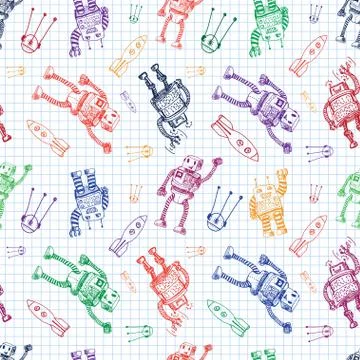 Vector hand draw robot on exersize book. Eps10 Stock Illustration