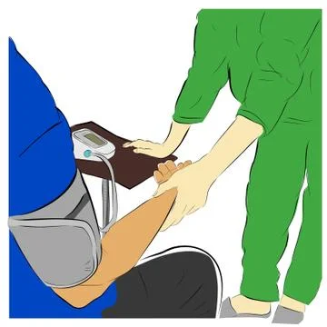 Vector Hand Draw Sketch, Sitting Man Doing Medical Check Up, by Using Hijab a Stock Illustration