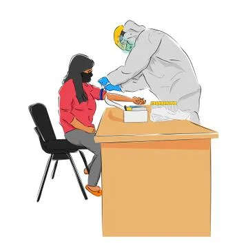 Vector Hand Draw Sketch, Standing Doctor or Nurse Use Hazmat and Face Shield Stock Illustration