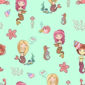 Vector hand drawing cute little mermaid princess with marine seamless pattern Illustrazione stock
