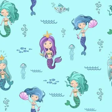 Vector hand drawing cute little mermaid princess seamless pattern background. Stock Illustration