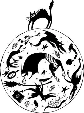 Vector hand drawing monochrome. Black cat witch and witch attributes Stock Illustration