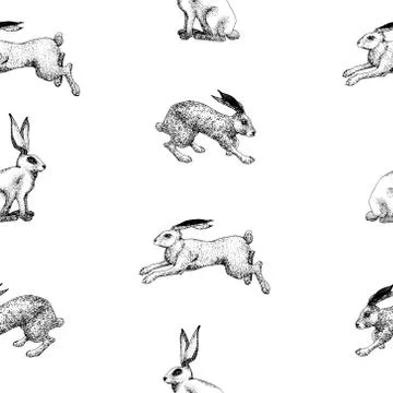 Vector hand drawing the pattern with rabbits silhouette in vintage style Stock Illustration