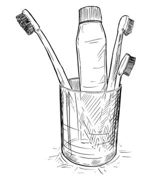 Vector Hand Drawing of Toothbrushes and Toothpaste in Glass Cup in bathroom Stock Illustration