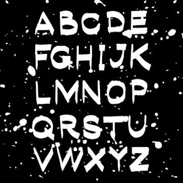 Vector hand drawn alphabet isolated white on black illustration with white sp Stock Illustration