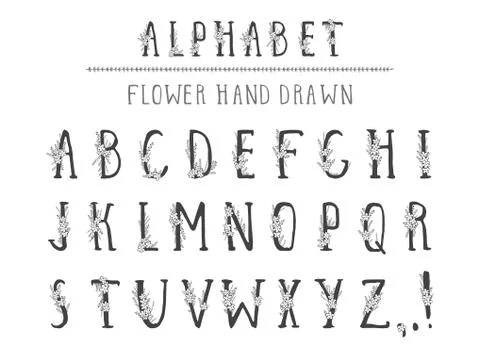 Vector hand drawn alphabet in style grunge with floral elements and flower. イラスト素材