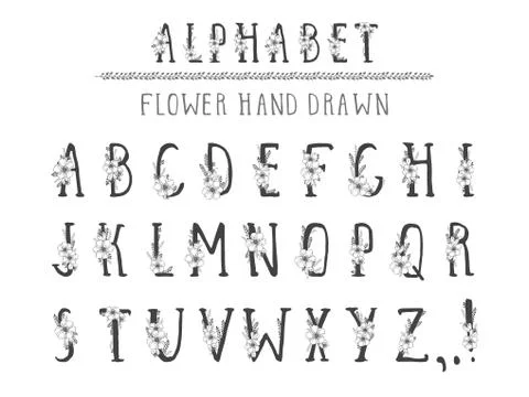 Vector hand drawn alphabet in style grunge with floral elements and flower. C Illustrazione stock
