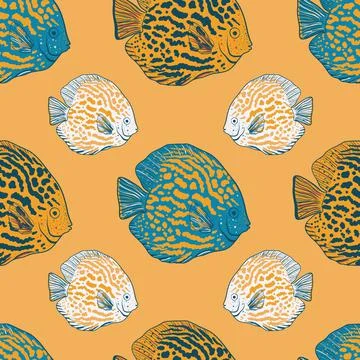 Vector hand drawn angelfish seamless pattern print background. Stock Illustration