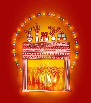 Vector hand drawn background. Fireplace, gifts and fluorescent lights Stock Illustration