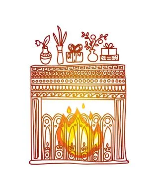 Vector hand drawn background. Fireplace, gifts and fluorescent lights Stock Illustration