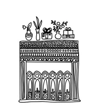 Vector hand drawn background. Fireplace, gifts and fluorescent lights Illustrazione stock