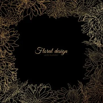 Vector hand drawn background with gold flower border of asters, daisies Stock Illustration