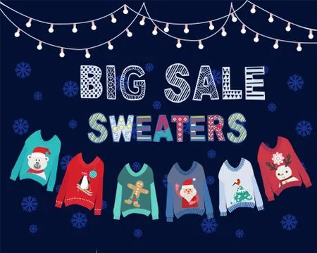 Vector hand drawn background with hanging ugly Christmas sweaters  and string Stock Illustration