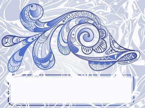 Vector hand drawn beautiful fish on abstract background, vintage style, frame Stock Illustration