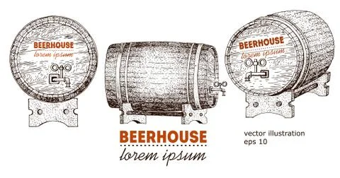 Vector hand drawn beer barrels Illustration set Stock Illustration