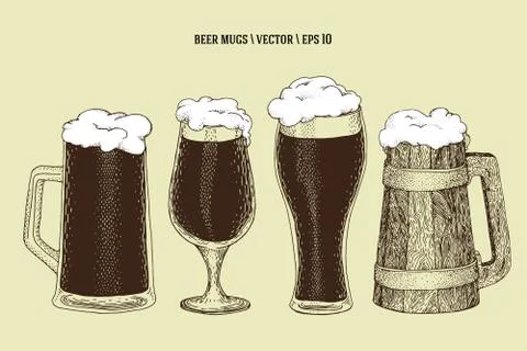 Vector hand drawn beer bottle mug, cup, glass. Illustration set Stock Illustration