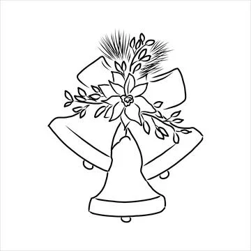 Vector hand drawn bells with bow. Black sketch on white background. Stock Illustration