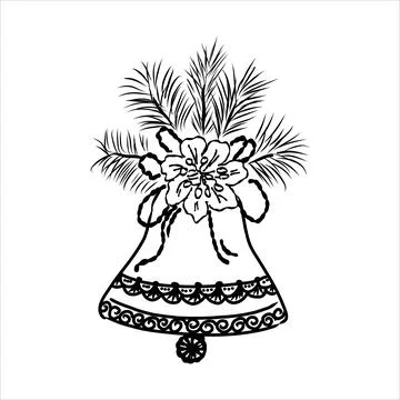 Vector hand drawn bells with bow. Black sketch on white background. Stock Illustration
