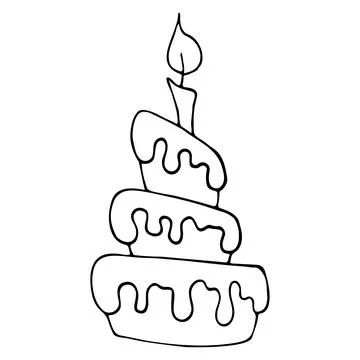 Vector hand drawn birthday cake with candle in doodle style. Scribble cartoon Stock Illustration