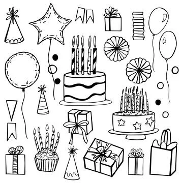 Vector hand drawn  birthday set. Stock Illustration