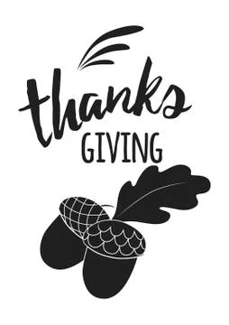 Vector hand drawn black acorn n and thanksgiving inspirational quote on white Stock Illustration