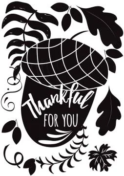 Vector hand drawn black acorn n and thanksgiving inspirational quote on white Stock Illustration