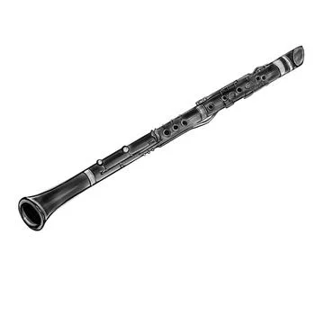 Vector hand drawn black and white illustration of clarinet musical instrument Stock Illustration
