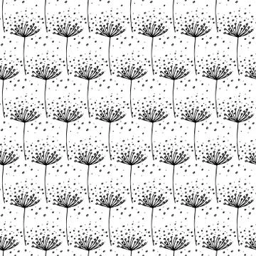 Vector Hand drawn black dandelion seamless pattern. Stock Illustration